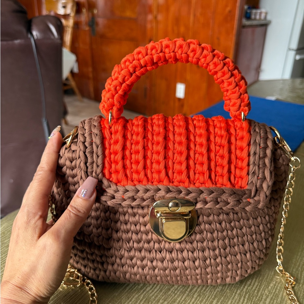 Handmade Crochet Top-Handle Bag in Brown and Orange - Compact Women’s Purse - Picture 2 of 7